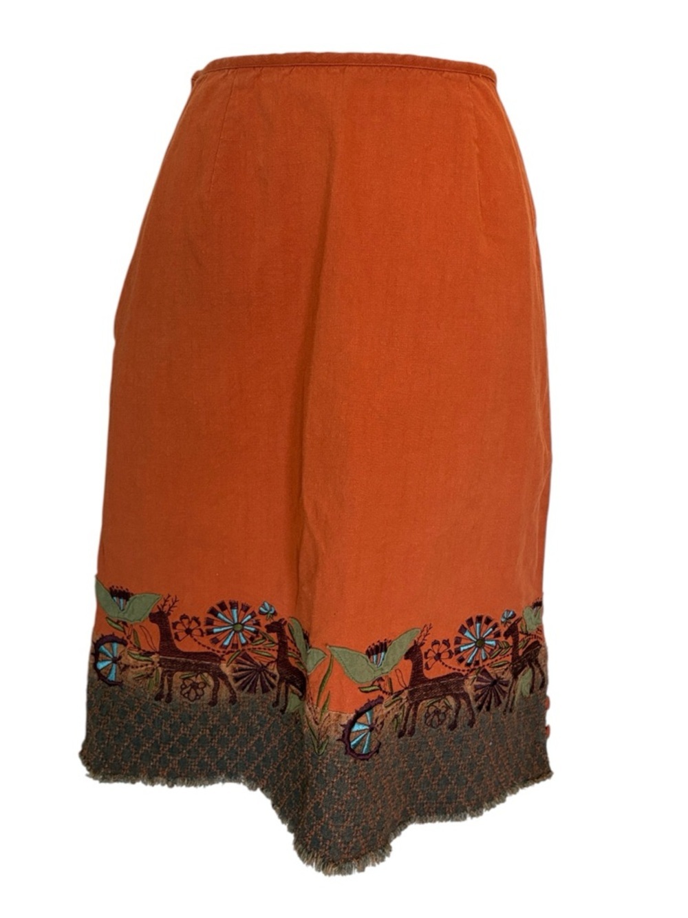 SONGDAY Embroidered Skirt, Cotton, Rust Orange, A-Line, ragged hem, zip. XS EUC